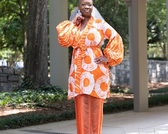 Mafarki Kimono | Orange Àdìrẹ Hand Dyed | African Print Jacket | Puff Sleeves | Circle Print | Cotton Robe | Ankara | Plus Size | Womens