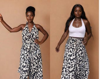 2-in-1 Pants to Jumpsuit |Abstract Print | White | Ikat | Wide Leg Pants| African Outfits For Women | Jumpsuit | Funky | Halter Neck | Retro