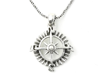 Sterling Silver Compass Necklace, Nautical Jewelry, Ocean, Sea, Boho, Gypsy, Festival Jewelry