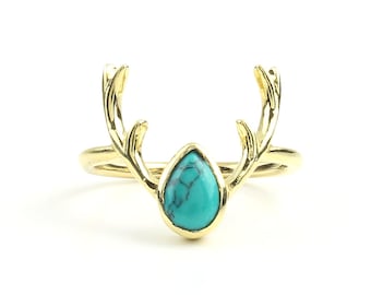 Antler Turquoise Ring, Brass Ring, Animal Horns, Animal Skull, Tribal, Ethnic Ring, Gypsy, Hippie Jewelry, Festival Jewelry, Boho