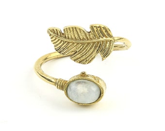 Moonstone Feather Ring, Brass, Stone Jewelry, Cosmic, Gemstone, Boho, Gypsy, Wiccan, Hippie, Spiritual