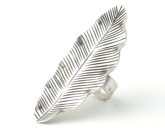 Extra Large Sterling Silver Leaf Ring, Feather Ring, Full Finger, Shield, Statement Piece, Organic, Boho, Hippie, Gypsy, Festival Jewelry