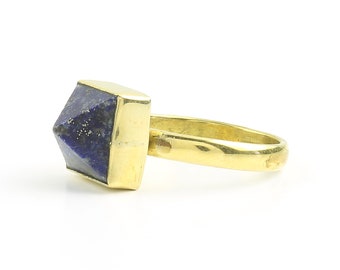 Lapis Pyramid Ring, Brass Lapis Ring, Lapis Lazuli, Geometric, Minimal Ring, Modern Ring, Festival Jewelry, Gypsy Jewelry, Boho