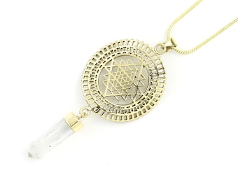 Sacred Geometry Crystal Necklace, Sri Yantra Brass Quartz Crystal Necklace, Festival Jewelry, Spiritual, Yoga, Meditation, Boho, Gypsy