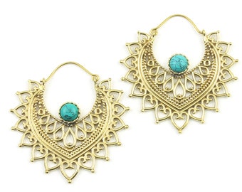 Turquoise Mandala Earrings, Brass Earrings, Boho, Gemstone Jewelry, Mehndi,  Festival Earrings, Gypsy Earrings, Ethnic Earrings