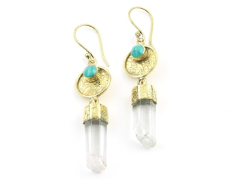 Crystal Garden Earrings, Quartz And Turquoise Earrings, Brass Gemstone Jewelry, Boho Jewelry, Festival, Gypsy Earrings, Ethnic Earrings