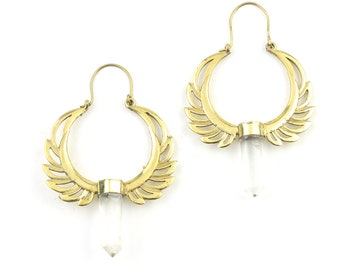Winged Crystal Earrings, Quartz Crystal Brass Earrings, Unique Earrings, Boho Jewelry, Festival, Gypsy Earrings, Ethnic Earrings