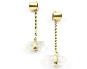 Cleo Earrings, Quartz Crystal Brass Earrings, Chain, Modern, Unique Earrings, Boho Jewelry, Festival, Gypsy Earrings, Ethnic Earrings