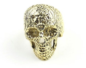 Sugar Skull Ring, Filigree Design Brass Ring, Gold Skull Ring, Mexican Sugar Skull, Ethnic Jewelry