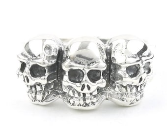 Sterling Silver Skull Ring, 3 Skulls, Skeleton Ring, Biker, Motorcycle, Boho, Gypsy, Wiccan, Festival Jewelry, Spiritual