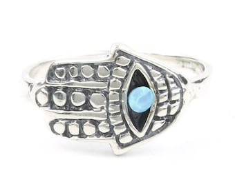 Sterling Silver Hamsa Opal Ring, Evil Eye, Hand Of Fatima, Jewish Jewelry, Lab Opal, Boho, Bohemian, Gypsy, Festival Jewelry, Gemstone