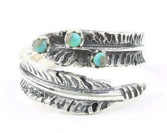 Sterling Silver Feather Turquoise Ring, Boho, Bohemian, Gypsy, Festival Jewelry, Gemstone, Southwestern