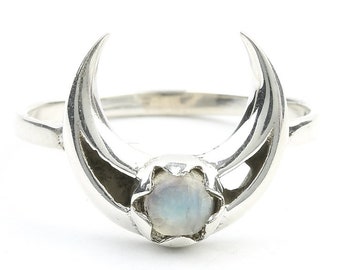 Moonstone Moon Ring, Sterling Silver Crescent Moon Moonstone Ring, Stone Jewelry, Gemstone, Crystals, Boho, Gypsy, Minimal