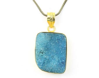 Blue Druzy Brass Necklace,  Dyed Quartz Drusy, Crystal Necklace, Raw Stone Jewelry, Festival Jewelry, Boho, Hippie