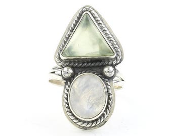 Shewa Ring, Sterling Silver Moonstone And Prehnite Ring, Statement Piece, Festival Jewelry, Boho, Gypsy, Hippie, Spiritual