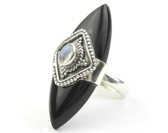 Black Widow Ring, Sterling Silver Moonstone Ring, Shield, Black Onyx, Statement Piece, Festival Jewelry, Boho, Gypsy, Hippie, Spiritual