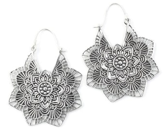 Large Silver Mandala Earrings, Tribal Earrings, Festival Earrings, Gypsy Earrings, Ethnic Earrings, Mehndi Earrings