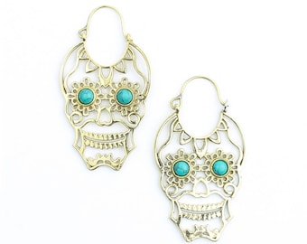 Sugar Skull Earrings, Turquoise Skull Brass Earrings, Festival, Gypsy, Day Of The Dead, Ethnic Earrings, Brass Earrings