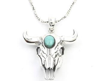 Sterling Silver Bull Skull Turquoise Necklace, Cow Skull, Bones, Animal Skull, Southwestern Jewelry, Turquoise, Spiritual, Boho, Gypsy,