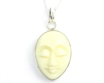 Man In The Moon Sterling Silver Necklace, Carved Bone Face, Moon Jewelry, Gemstone, Meditation, Spiritual, Boho, Gypsy, Festival