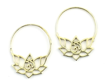 Lotus Earrings, Om Earrings, Ornate Ethnic Earrings, Tribal Brass Earrings, Festival Earrings, Gypsy Earrings, Hoop Earrings