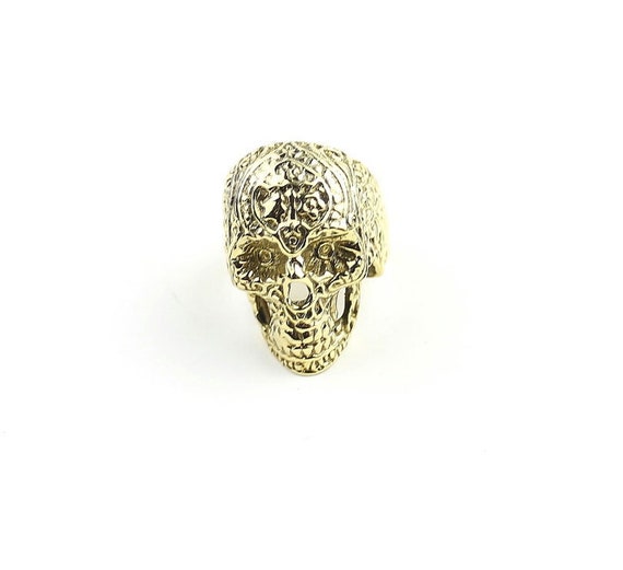 Sugar Skull Ring, Filigree Design Brass Ring, Gold Skull Ring