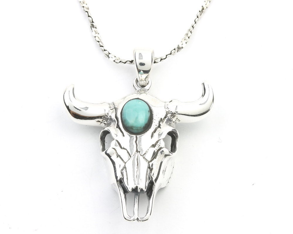 Sterling Silver Bull Skull Turquoise Necklace, Cow Skull, Bones, Animal ...