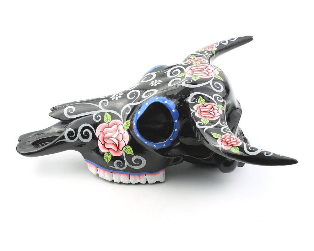Black Bull Skull Decor, Hand Painted Skull, Rose Skull