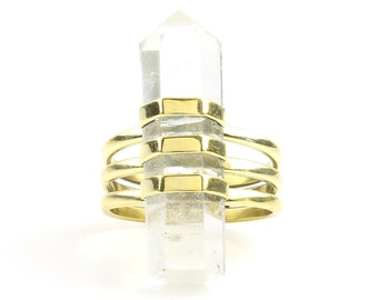 Crystal Ring, Brass Quartz Ring, Raw Crystals, Stone Jewelry, Gemstone, Boho, Gypsy, Hippie Jewelry, Wiccan, Spiritual