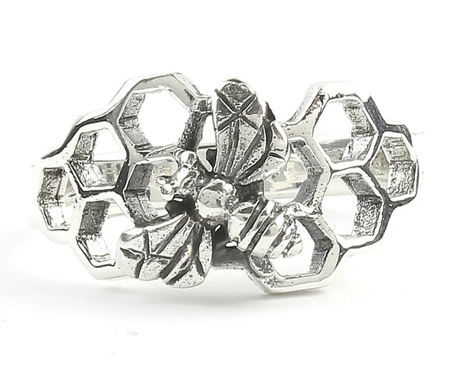 Featured listing image: Sterling Silver Bee Ring, Bee Hive, Honeycomb Ring, Honey Bee Ring, Bumble Bee, Nature, Boho, Bohemian,  Festival, Hippie, Gypsy, Animal