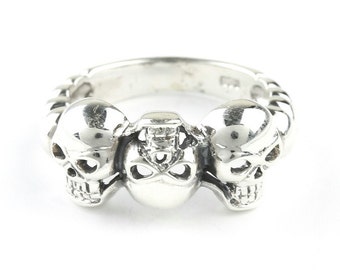 Triple Skull Ring, Sterling Silver Ring, 925, Skeleton Ring, Biker, Boho, Gypsy, Wiccan, Festival Jewelry, Spiritual