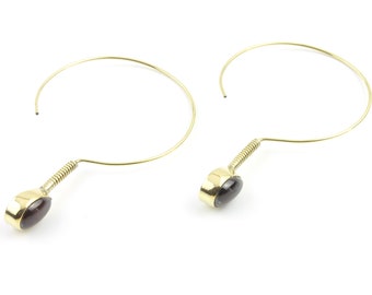 Brass Garnet Earrings, Hoop Earrings, Minimal Earrings, Modern, Unique Earrings, Festival Earrings, Gypsy Earrings