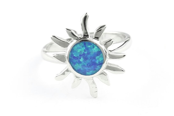 Solar Opal Ring Sterling Silver Sun Ring 925 Lab Opal Blue - Etsy