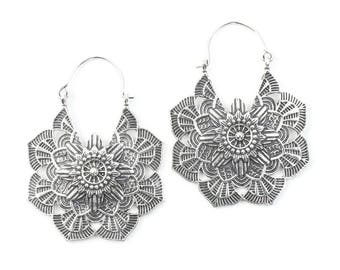 Mandala Brass Earrings, Silver Mandalas, Flower Earrings, Tribal Brass Earrings,  Festival Earrings, Gypsy Earrings, Ethnic Earrings