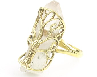 Tree Of Life Crystal Ring, Brass Quartz Ring, Raw Crystals, Stone Jewelry, Gemstone, Boho, Gypsy, Hippie Jewelry, Wiccan, Spiritual