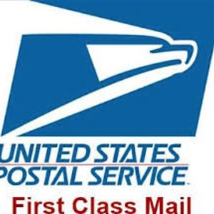 May include: Blue and white United States Postal Service logo with the text "First Class Mail" in red.