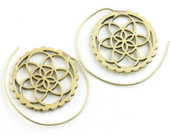 Seed of Life Earrings, Spiral Brass Earrings, Flower of Life Earrings, Gypsy Earrings, Ethnic Earrings