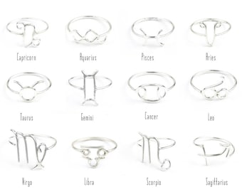 Zodiac Rings, Horoscope Rings, Silver, Aries, Taurus, Gemini, Cancer, Leo, Virgo, Libra, Scorpio, Sagittarius, Capricorn, Aquarius, Pisces