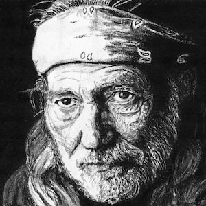 Willie Nelson - Retrato al carboncillo - Impresión montada de edición limitada tirada de 100 ejemplares de la obra de arte original