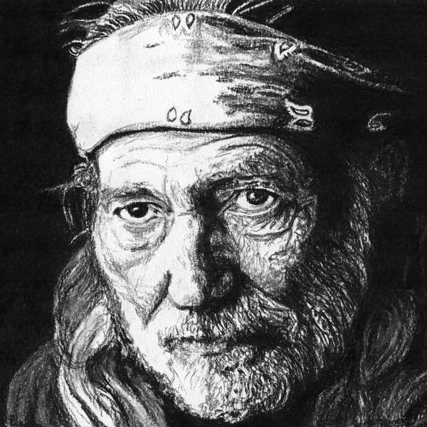 Willie Nelson - Portrait au fusain - Tirage contrecollé en édition limitée à 100 exemplaires à partir d'oeuvres d'art originales