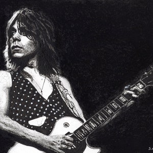 Randy Rhoads - Charcoal & Indian ink portrait - Limited Edition Mounted Print run of 100 from original artwork