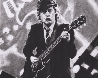 Angus Young - AC/DC - Kohle Porträt - Limitierte Auflage von 100 montierten Original-Kunstwerken