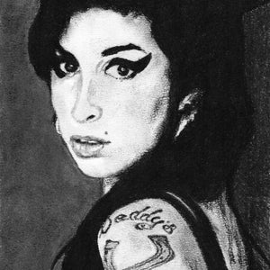 Amy Winehouse - Charcoal Portrait - Limited Edition Mounted Print run of 100 from original artwork