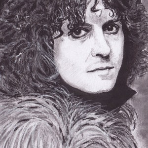 Marc Bolan - Charcoal Portrait - Limited Edition Mounted Print run of 100 from original artwork