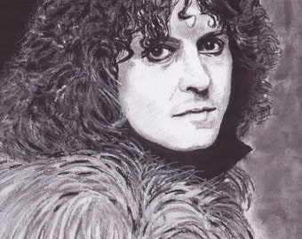 Marc Bolan - Charcoal Portrait - Limited Edition Mounted Print run of 100 from original artwork