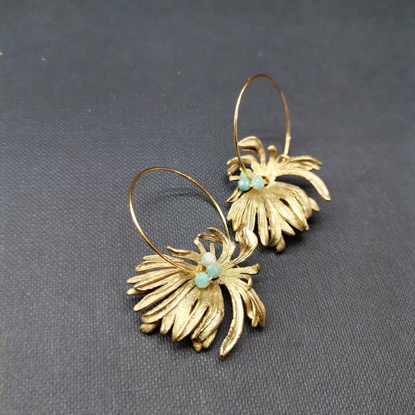 Boucles d'oreilles créoles feuille (Bronze/Acier inox doré)