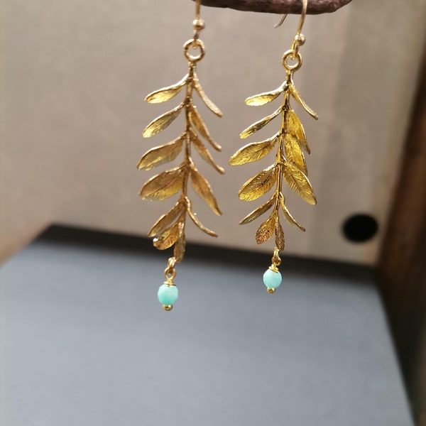 Boucles d'oreilles feuille pendante, pierre "Amazonite (Laiton doré/ Acier inox doré)