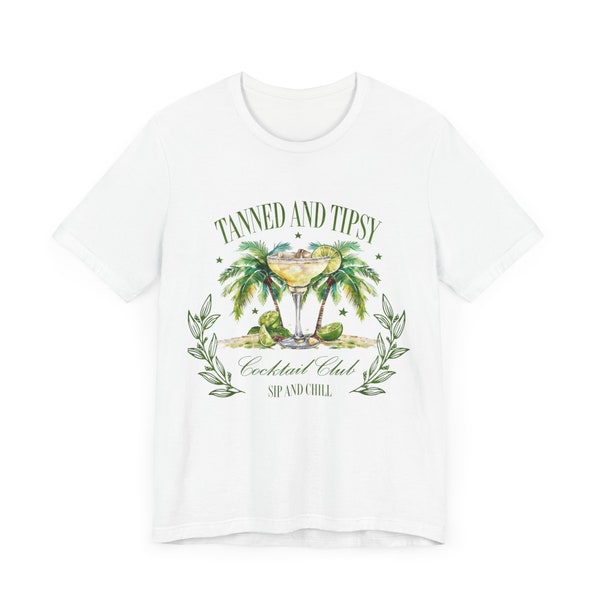 Tanned and Tipsy, Gift for All, White Polyester Unisex Jersey Short Sleeve Bella-Canva 3001 T-shirt, Unique Gift Idea!