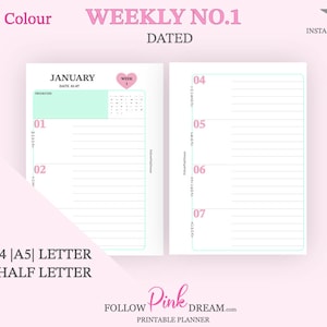 Op de afbeelding: Een afdrukbare wekelijkse planner sjabloon in PDF-formaat. De planner is gedateerd voor januari, week 1, en bevat ruimte voor dagelijkse takenlijsten en prioriteiten. De planner is ontworpen in een licht roze en groene kleurschema.