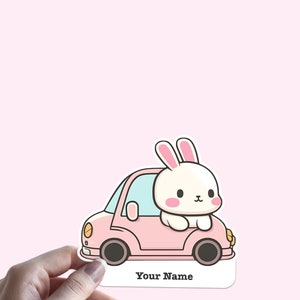 Personalised Name Stickers Cartoon Rabbit in Car Vinyl waterproof Sticker pack of 2